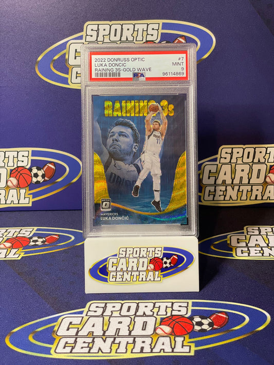 2022 Panini Donruss Optic Luka Doncic Raining 3s Gold Wave PSA 9